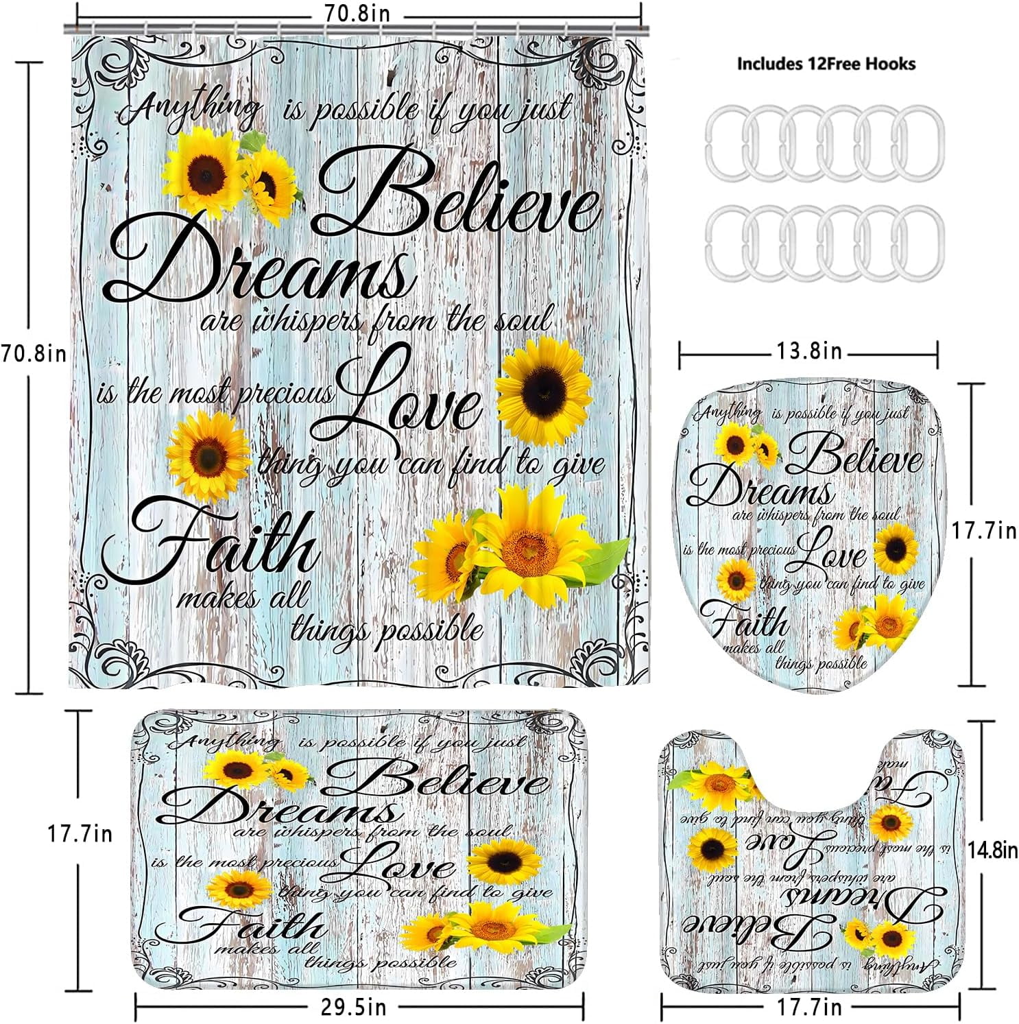 4pcs Farmhouse Shower Curtain Sets Sunflower Bathroom Decor Set Inspirational Quotes Bathroom Curtain Shower Set with Rugs and Accessories Floral Flower Shower Curtain