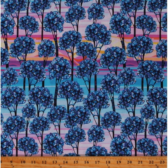 Cotton Trees Tree Fabric Nature Landscape Plants Vegetation Blue Cotton Fabric Print by the Yard (B-2084-70)