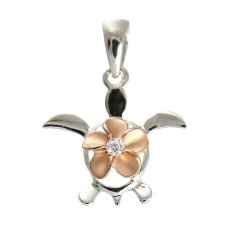Hawaiian Jewelry - 14K Solid white gold honu turtle pink rose gold plumeria flower Hawaiian pendant