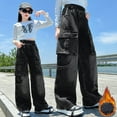 thumbnail image 2 of Shadoumai Girls Winter Lined Jeans Warm Thickened Cargo Pants Straight Leg Loose Fit Casual Trousers For Big Kids And Tweens, 2 of 9