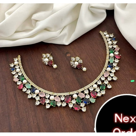 South Indian Bollywood Gold Plated AD CZ Multicolor Stone & Pearl Matte Finish Brass Necklace with Matching Drop Earrings Jewelry Set