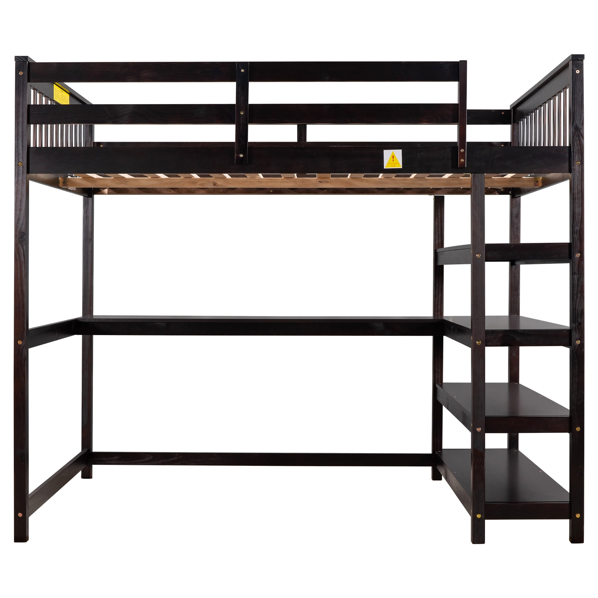 Euroco Solid Wood Full Size Loft Bed with Desk and 4-Tier Storage Shelves for Kids Teens Adult Bedrrom, Espresso