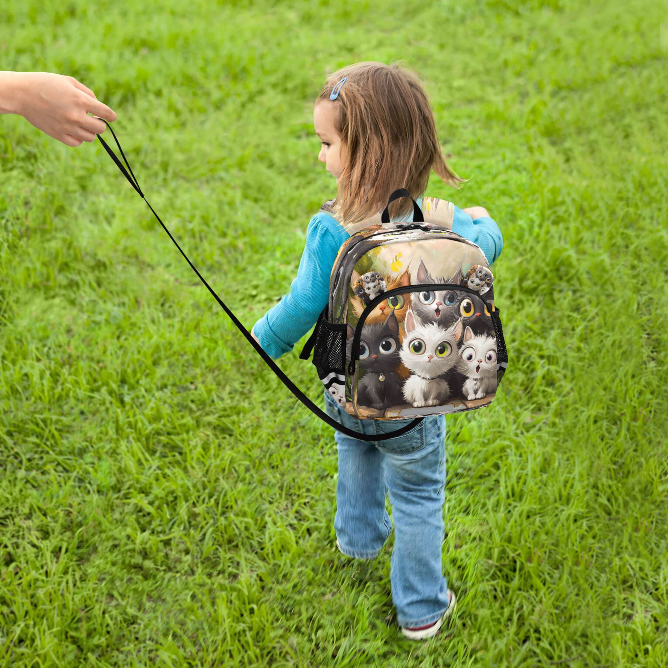 RMDQTR Adorable Ear-Print Backpack with Reflective Strip and Anti-Lost Leash Adjustable Shoulder Straps Mini Travel Backpack Cats with Big Eyes
