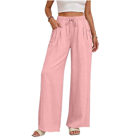 Admvng Womens Linen Pants Buttoned Pockets Pleated Elastic Drawstring Waist Pant with Pockets