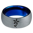 thumbnail image 2 of Tungsten Flower Bloom Blossom Plant Band Ring 8mm Men Women Comfort Fit Blue Dome Brushed Gray Polished, 2 of 4