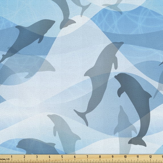 Sea Animals Fabric by the Yard, Dolphin Fish Pattern Silhouette Under the Sea Waves in Contemporary Design, Decorative Upholstery Fabric for Sofas and Home Accents, 5 Yards, Blue and Grey by Ambesonne