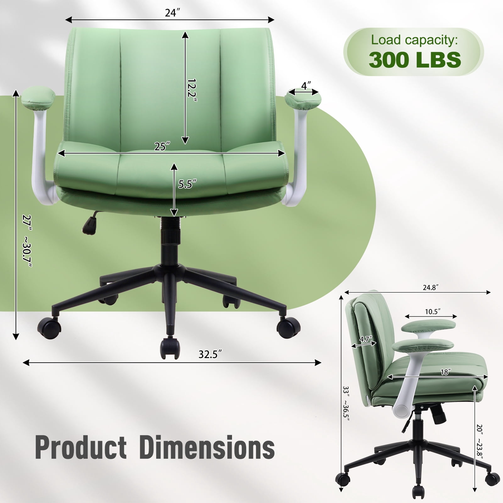 Faux Leather Cross Legged Office Chair with Flip-Up Armrests, 360° Swivel Height Adjustable Ergonomic Desk Chair 90°-120° Reclining for Home Office Vanity, Supports 300LBS