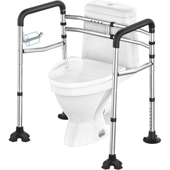 FSA/HSA Eligible Toilet Safety Rail, 380LB Stainless Steel Toilet Frame with Padded Handles&Paper Holder, Adjustable Detachable Handicap Toilet Rails, Foldable Toilet Support Frame for Elderly