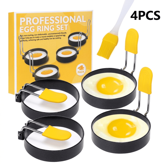 ROSEXIXI Egg Rings for Frying, 4 Pack Non-Stick Round Molds with Silicone Brush & Heat-Resistant Handles, Metal Shaper for Griddle, Breakfast Sandwiches