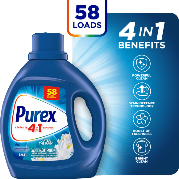 Purex After the Rain, Concentrated Liquid Laundry Detergent with 4in1 benefits, Tough on Stains, Brightens and Whitens Clothes, 1.94L, 58 Wash Loads, HE Compatible, 1 bottle