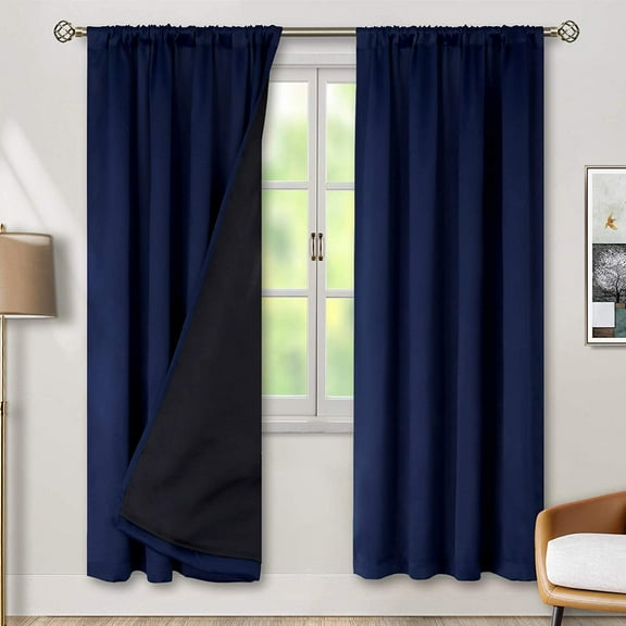 Thermal Insulated 100% Blackout Curtains for Bedroom with Black Liner, Double Layer Full Room Darkening Noise Reducing Rod Pocket Curtain (42 x 84 Inch, Navy Blue, 2 Panels)
