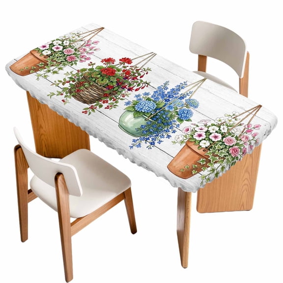 Spring Floral Table Cloths for 4 Foot Rectangle Tables, Wooden Elegant Pastoral Flowers Patio Waterproof Elastic Fitted Tablecloths, Washable Rectangular Table Cover for Camping
