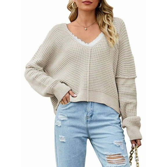 Women Casual V Neck Solid Color Long Sleeve Off Shoulder Loose Crop Pullover Sweater Tops