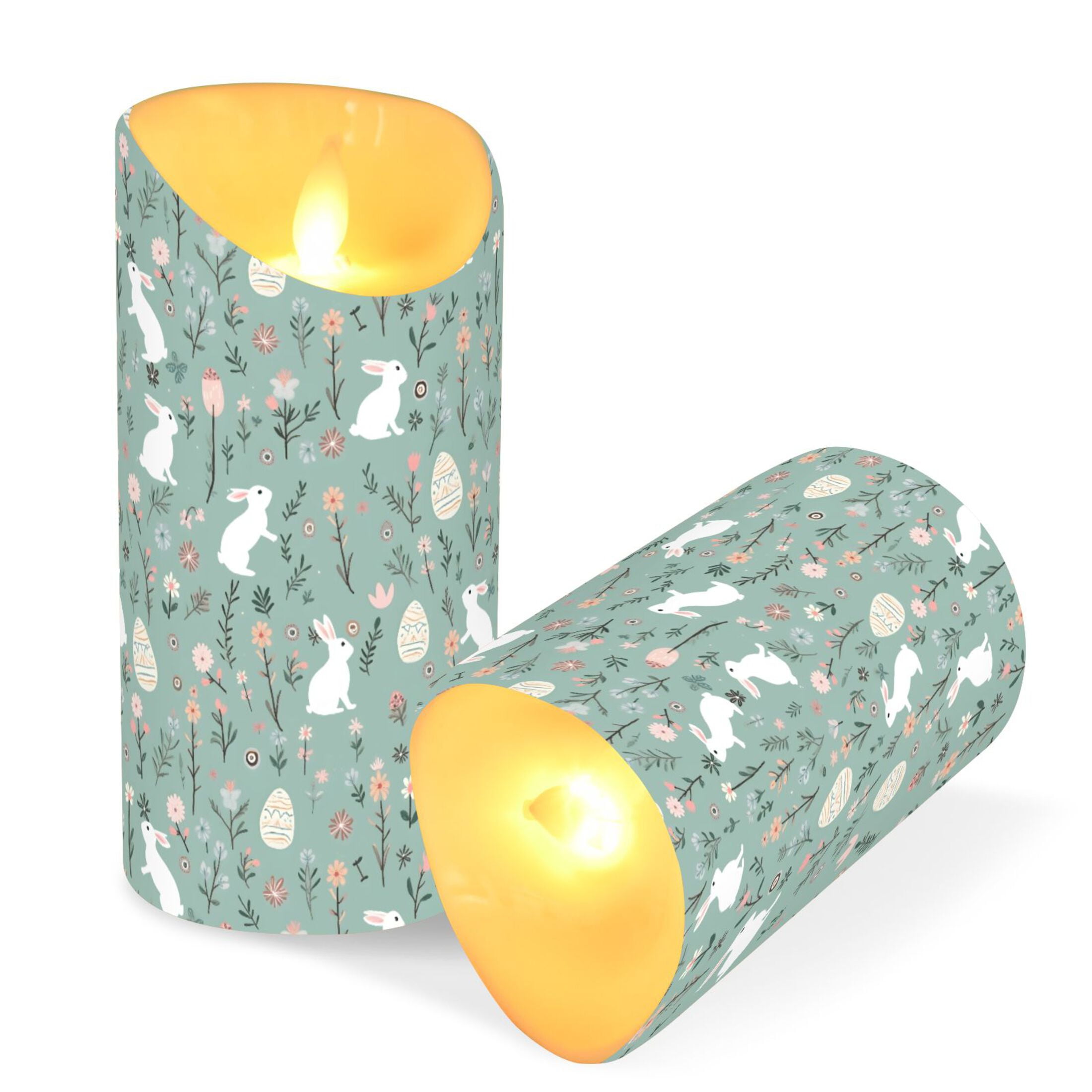 Rabbit Easter Egg Floral Pattern Flameless Candles 2 PCS with Remote Realistic Moving Flame LED Tapered Pillar Set for Home Decor