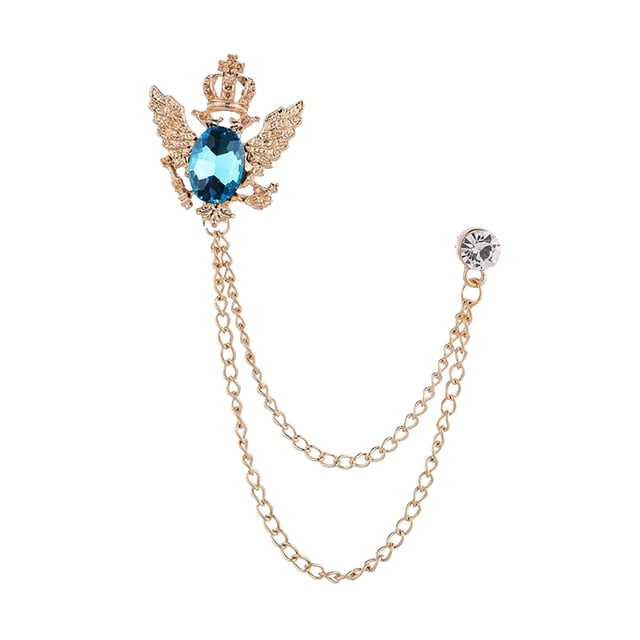 Broche de traje con cadena, broche de solapa para hombre, alfiler de solapa de metal, broche de águila para ropa, camisas, abrigo, regalo para novio y Oro y azul