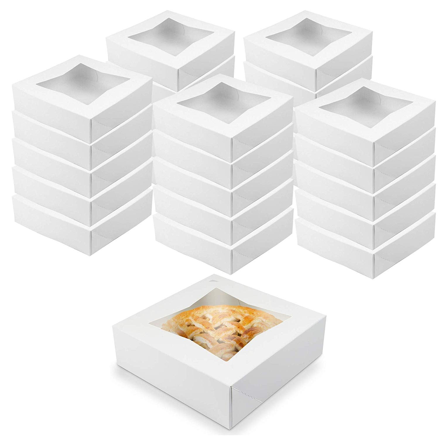 O'Creme White Bakery Boxes with Window 8x8x2.5 in, 25 Pack, Display Pies, Pastries, Cupcakes and Cookies | Paperboard White Kraft Auto-Popup Window Cake Boxes, Pie Pastry Container Carrier - Walmart.com - Walmart.com