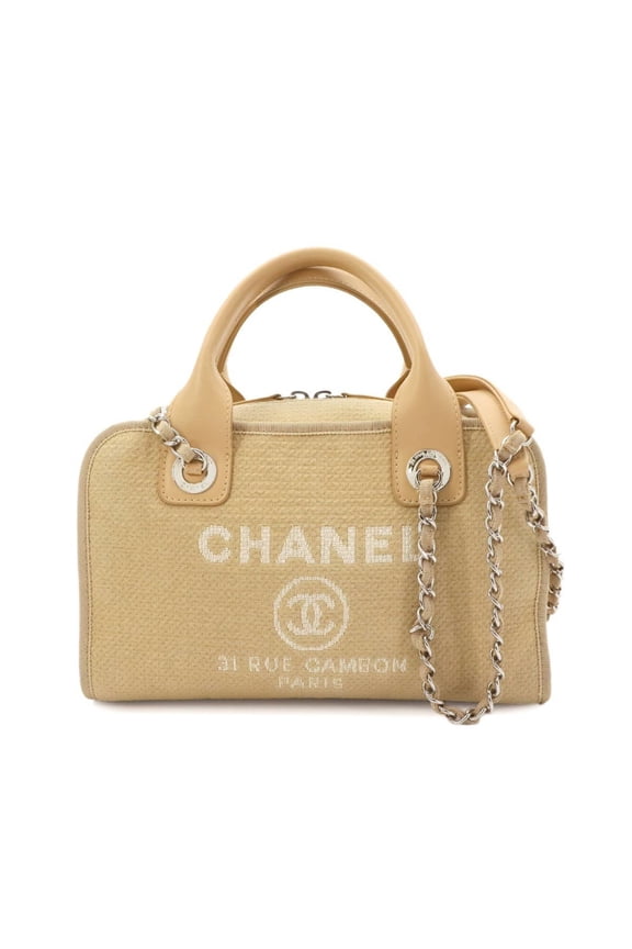 Pre-Owned Chanel Deauville Bowling 2-way Handbag Chain Shoulder Canvas Leather Beige A92749