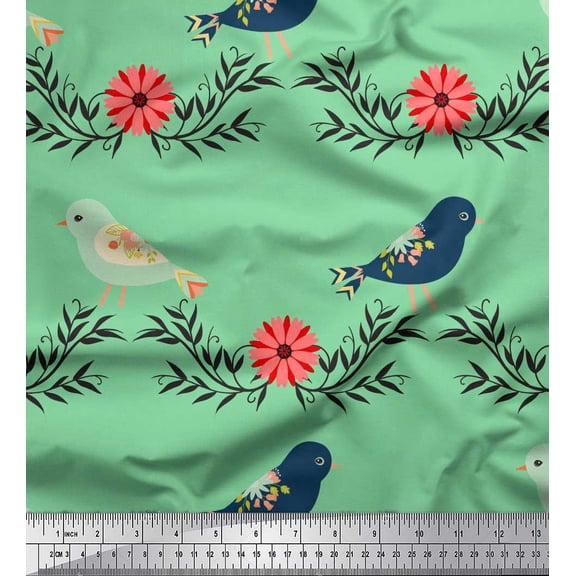 Soimoi Poly Georgette Fabric Leaves,Bird & Floral Clip Art Print Sewing Fabric Yard 42 Inch Wide