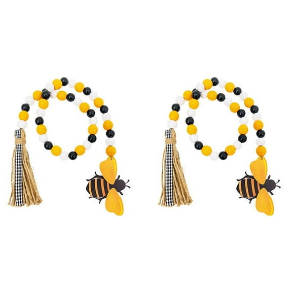 2X Bee Wood Bead Garland with Tassels, Spring Summer Wooden Bead Garland Rustic Farmhouse Home Decorations