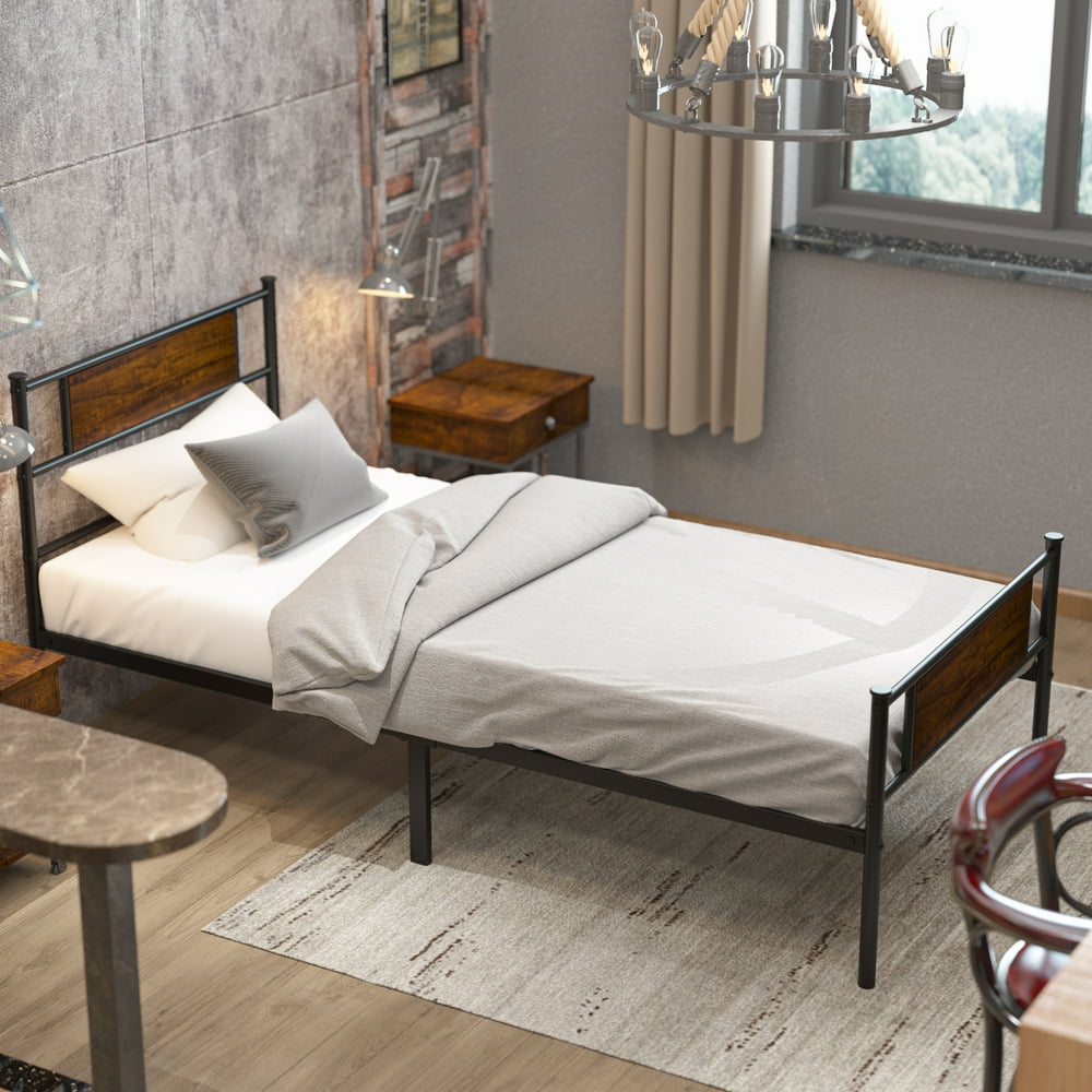 Goldwing Metal Twin bed Frame with Wood Headboard, Retro Single