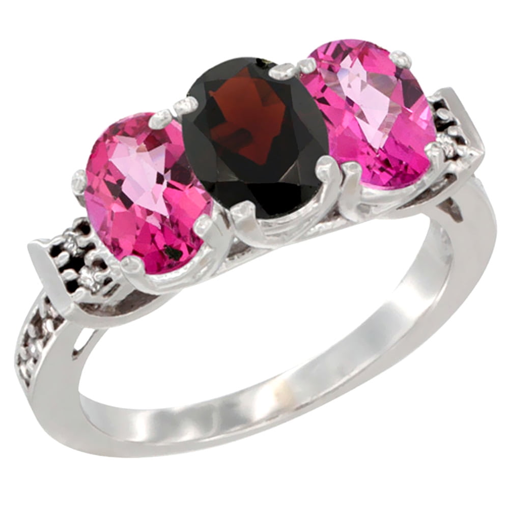 10K White Gold Natural Garnet & Pink Topaz Sides Ring 3-Stone Oval 7x5 mm Diamond Accent, sizes 5 10 by WorldJewels