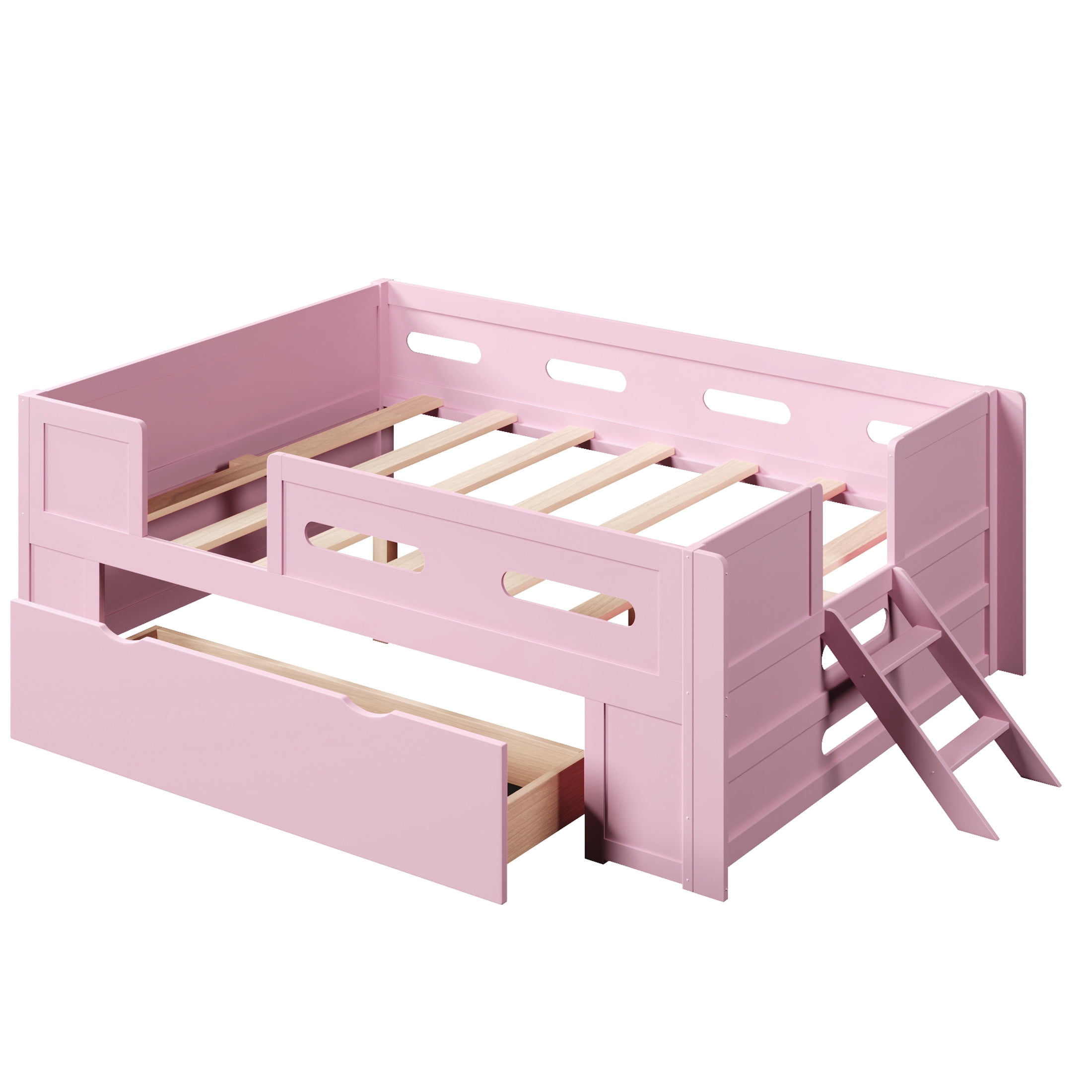 Noble House Genrix Full Size Pine Wood Platform Bed with Guardrail and Storage Drawer, Kids Bed Frame, Pink