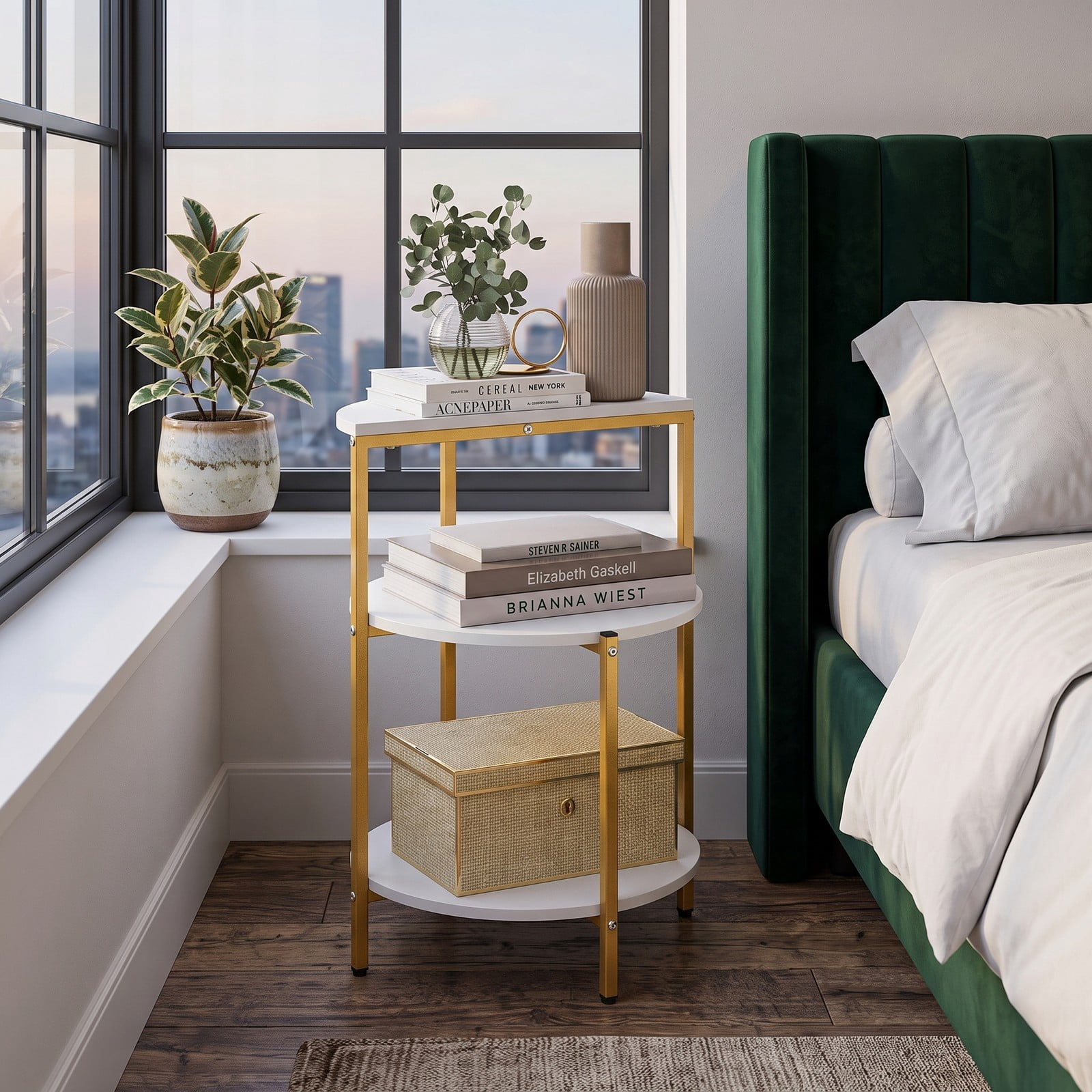 Furnibear 3-Tier Round End Table, Small Space Side Table Nightstand with Storage Shelves and X-Shaped Gold Metal Base for Living Room Bedroom Entryway, White & Gold