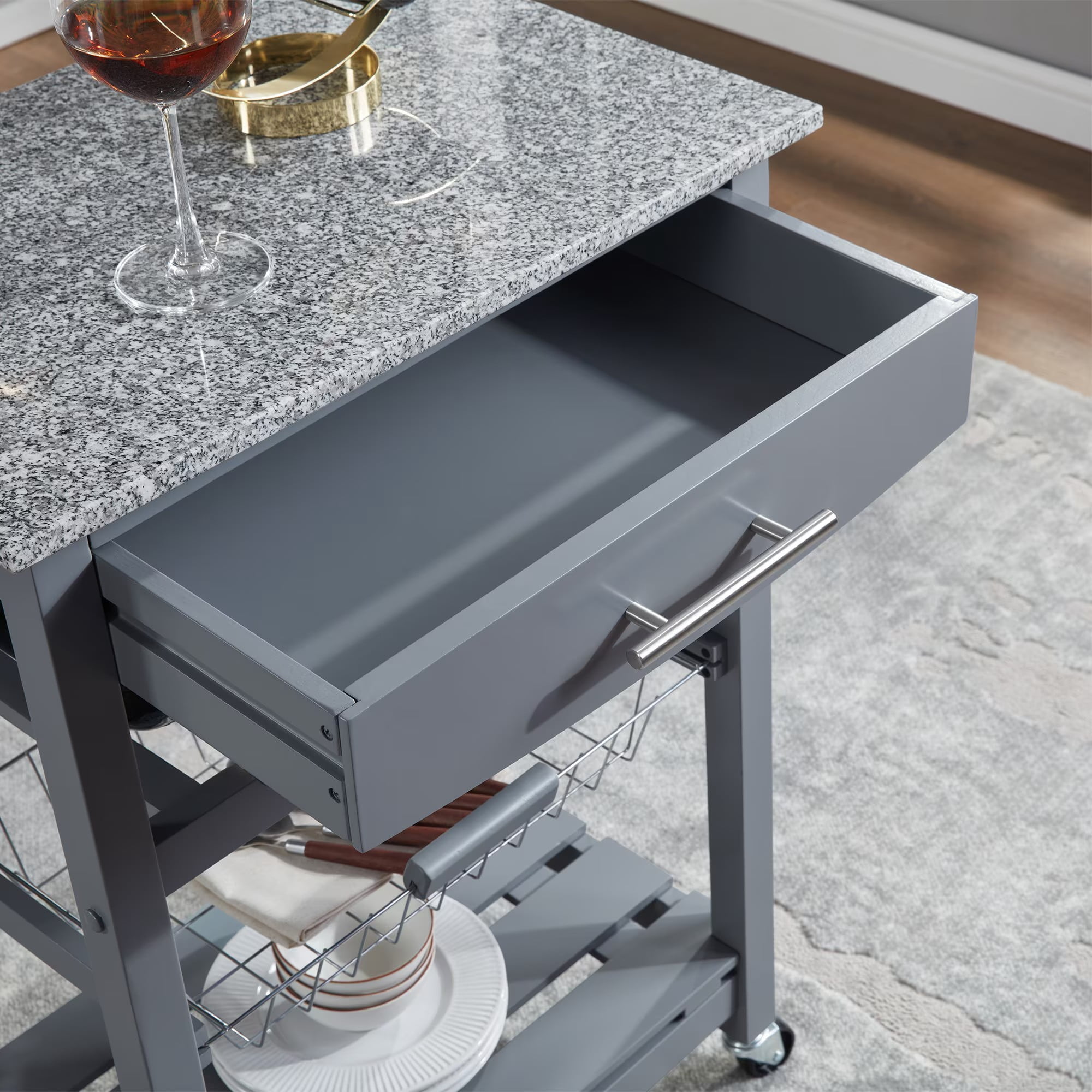 Avobird Kitchen Island Cart, Mobile Kitchen Cart with 22inch Marble Countertop/Underneath Drawer/Slide-Out Wire Storage Basket, Gray