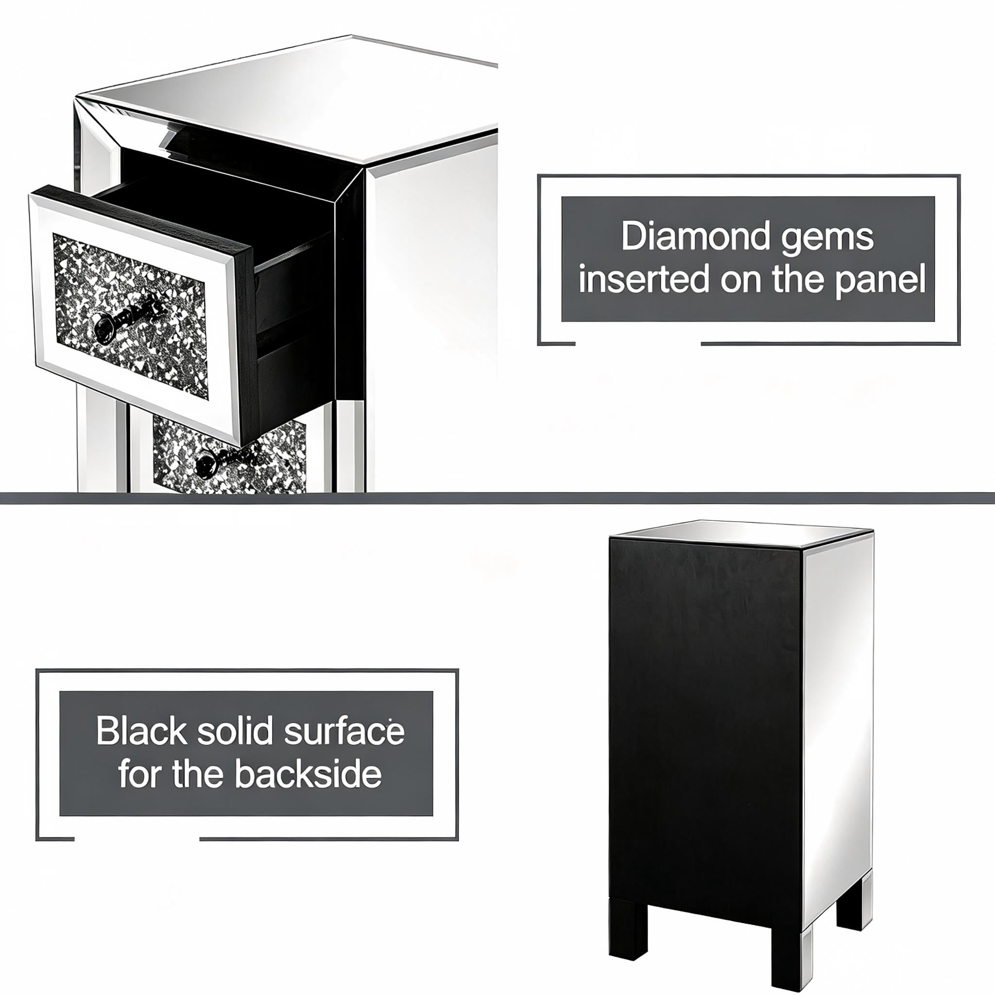 3-Drawer Mirrored Nightstand with Crushed-Diamond Drawer Fronts, Slim Bedside Table for Bedroom, Dressing Room, or Guest Room