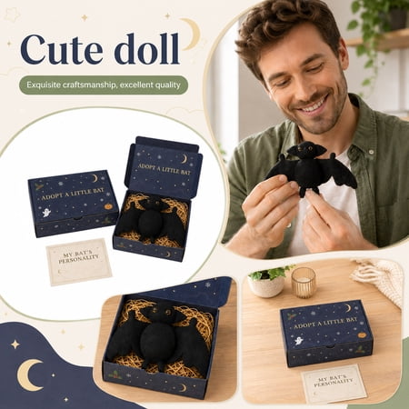 Adopt A Little Bat Plush Toys Cute Stuffed Black Bat Decor Novelty Halloween Christmas Gift Set for Student Goth Home Desk Display with Personality Card 6 Inch Soft Plush Figure