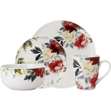 Rose Garden 16 Piece Dinnerware Set, Service for 4, Fiesta Dinnerware, plates and bowls sets, network essentials, Porcelain dinner plates, Multicolor, 16" L x 12" W x 15" H