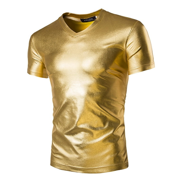 YONGHS Men's Liquid Shiny Metallic V-Neck Short Sleeve T
