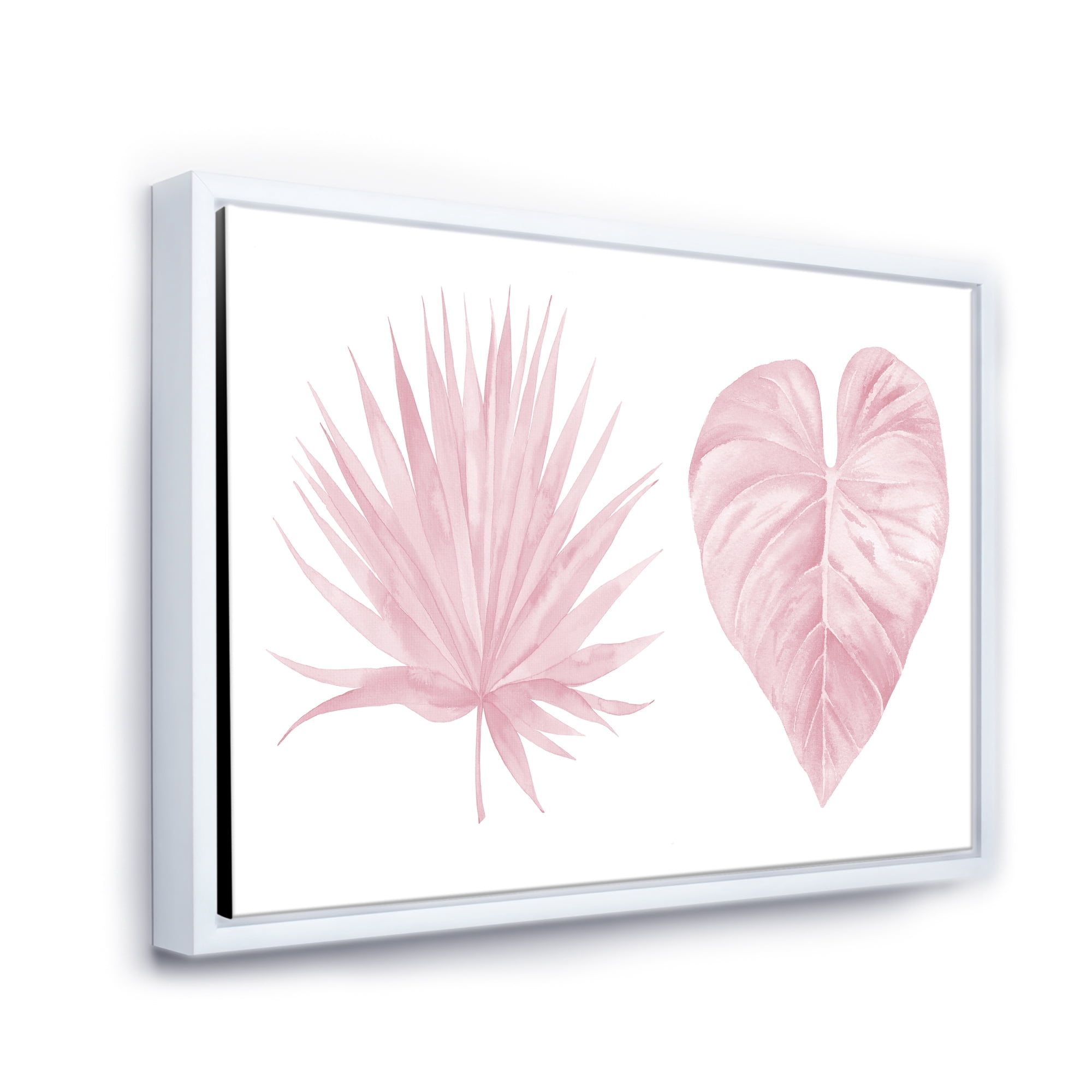 Designart 'Tropical Pink Watercolour Leaves On White II' Shabby Chic Framed Canvas Wall Art Print