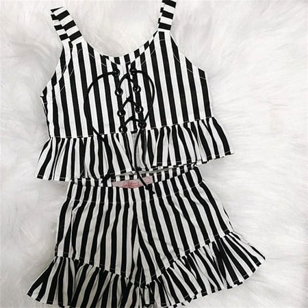 Lace Up Toddler Kids Baby Girl Striped Outfit Clothes Tank Top+Tutu Short Pants Summer 2PCS Set