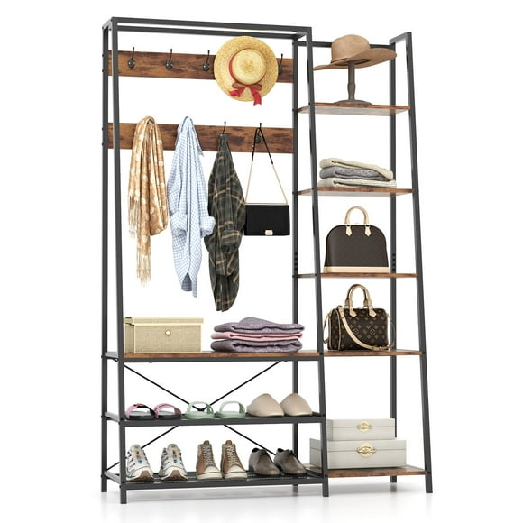 Topbuy Hall Tree with Storage Bench 5-in-1 Freestanding Coat Rack w/ 9 Hooks 5 Side Shelves 2 Mesh Shoe shelves