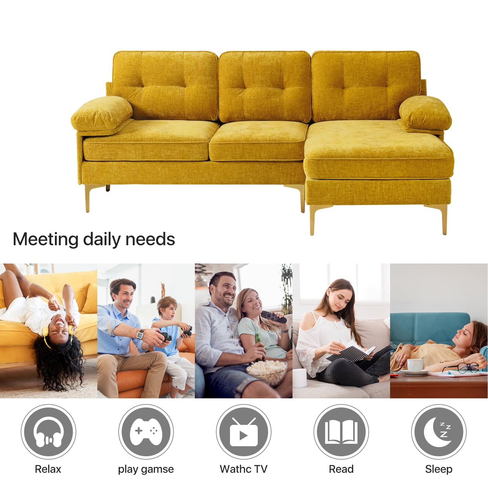 INGALIK Convertible Sectional Sofa Couch, L-Shaped Couch with Reversible Chaise Lounge, Chenille Fabric Modern Sofa for Living Room, Apartment, Office, 3 Seats, Yellow
