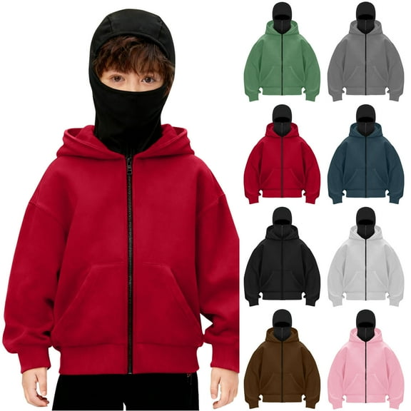 Boys Fleece Balaclava Hoodie Jackets Casual Long Sleeve Zip Up Double Hooded Coats Loose Lightweight Winter Warm Outwear