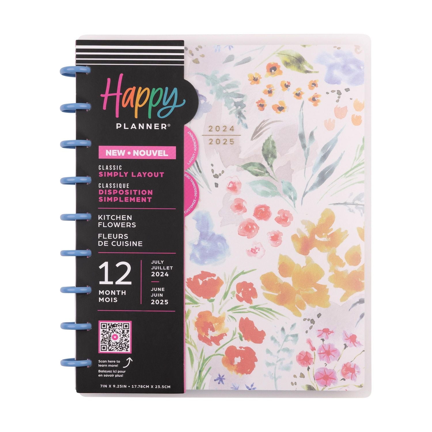 Simply by Happy Planner, Kitchen Flowers Weekly Monthly Planner, Classic 7" x 9.25" Size, July 2024-June 2025