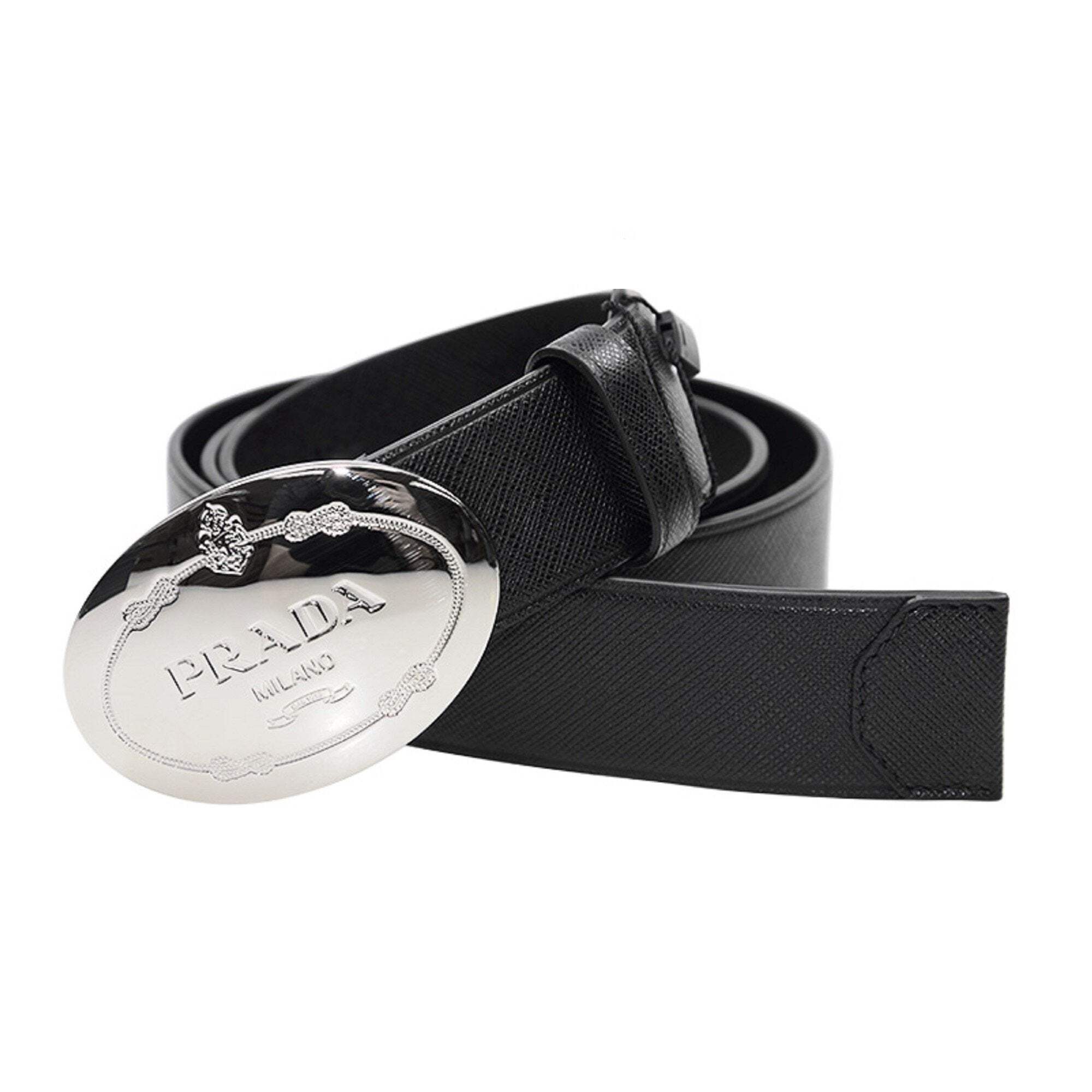 New Prada Black Saffiano Leather Engraved Oval Plaque Buckle 