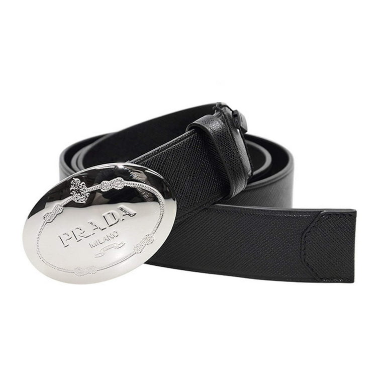 New Prada Black Saffiano Leather Engraved Oval Plaque Buckle Size