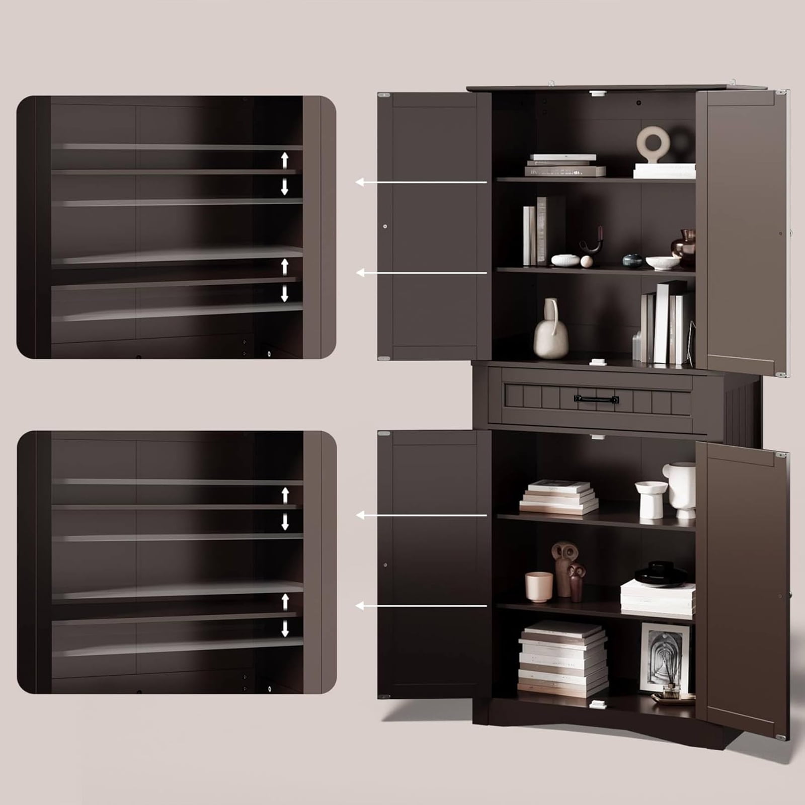 Aiho 71" Kitchen PantryStorage Cabinet with 4 Doors and 4 Adjustable Shelves, Dark Brown