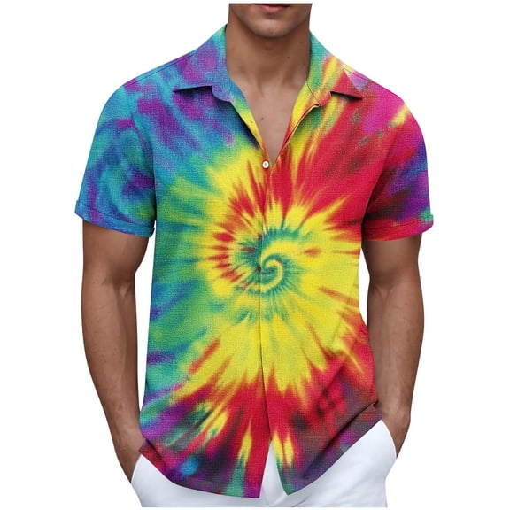 flyskyup Tie Dye Shirts for Mens Lapel Short Sleeve Button Down Regular Trendy Blouses Lightweight Beach Summer Casual Tops
