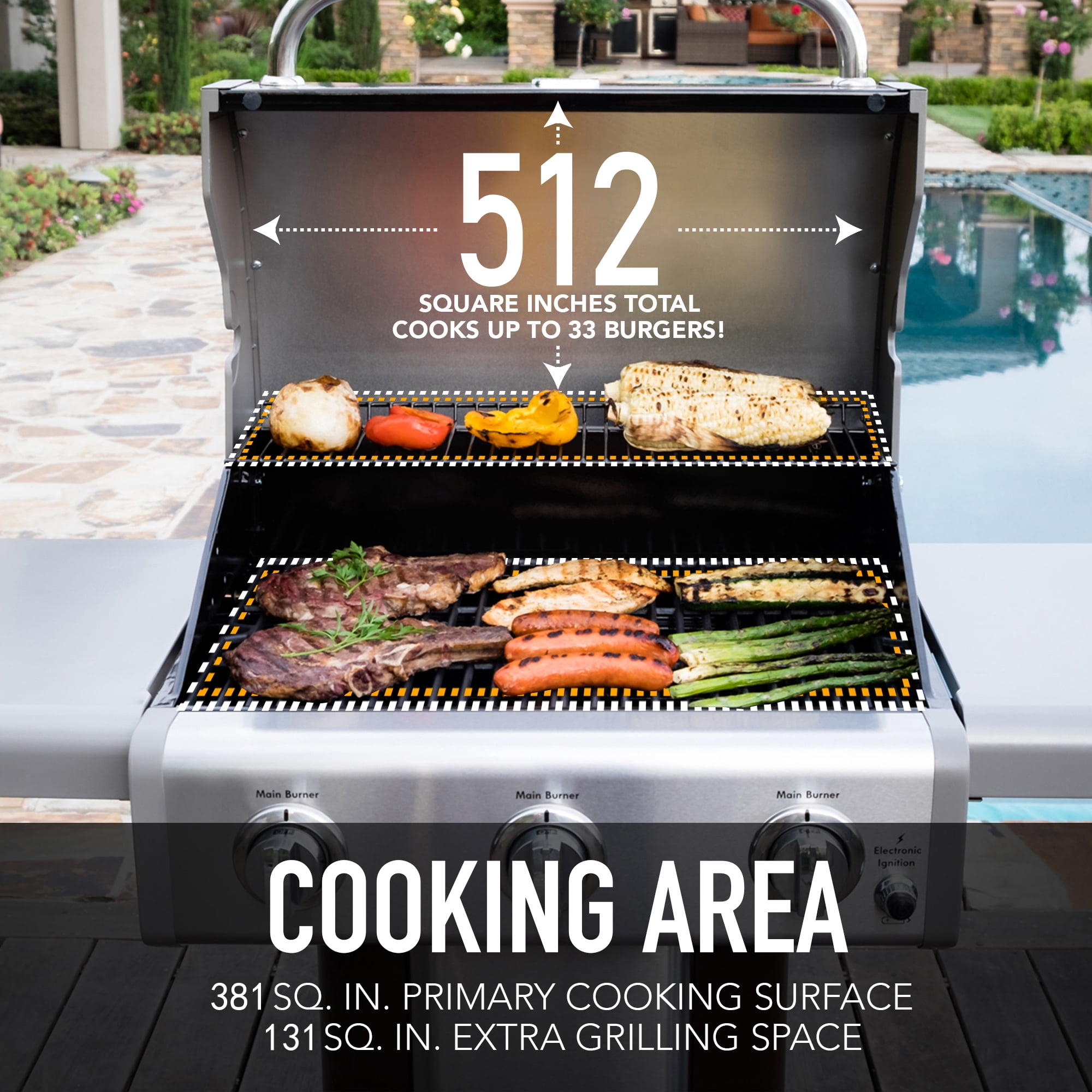 Kenmore 3-Burner Gas Grill, Outdoor BBQ Grill, Propane Grill with Foldable Side Tables, Mocha Brown