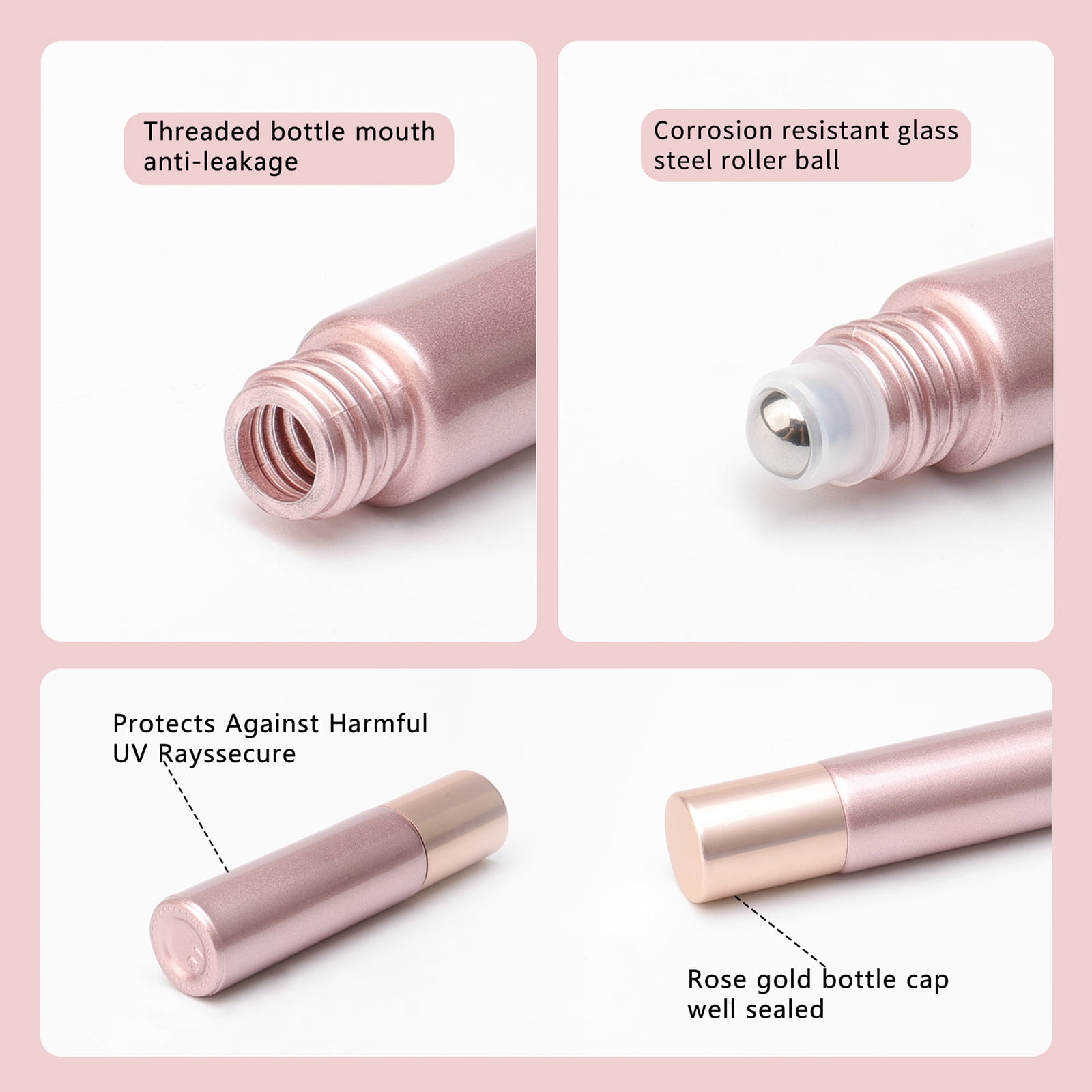 Essential Oil Roller Bottles 33PCS 10ml Matte Rose Gold Roller Bottles with Stainless Steel Roller Balls and Caps for Travel, Perfume and Lip Gloss
