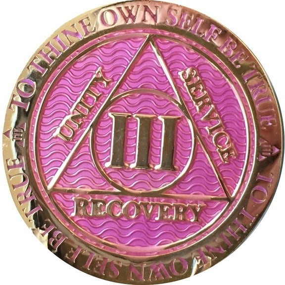 3 Year AA Medallion Reflex Lavender Pink Gold Plated Sobriety Chip