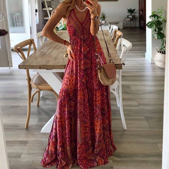 Red Women Bohemian V-Neck High Waist Floral Print Maxi Dress With Spaghetti Straps For Summer Beach Party