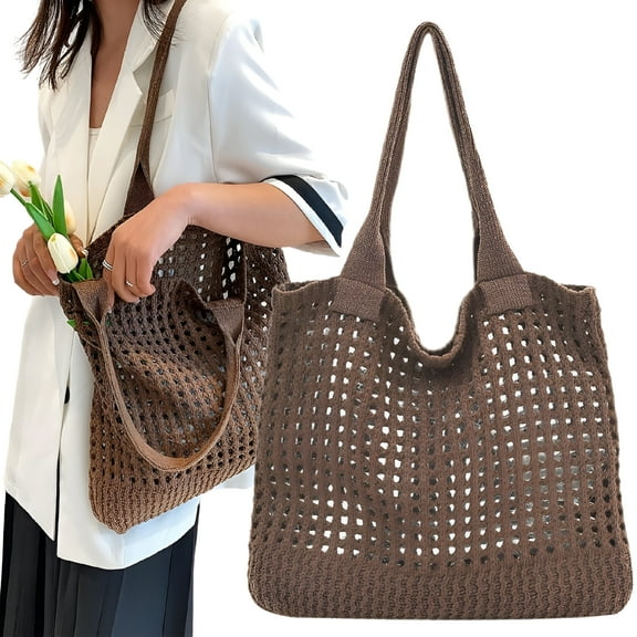 GASTROPOD Summer Beach Raffia Straw Bags Women's Shoulder Bag Crochet Handbag Knitted Hollow Tote Bag-Coffee