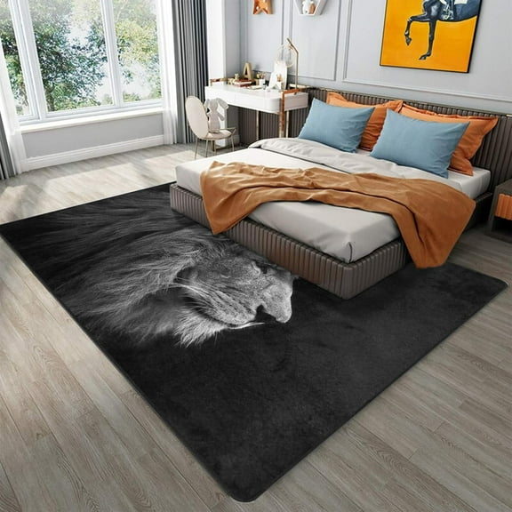 Lion Area Rug Head Black Area Rugs Mat for Living Room Bedroom Non Slip Black Floor Rugs Carpet Home Indoor Decoration 8' X 5'