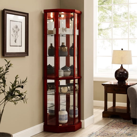 Adjustable Glass Shelves Curio Cabinet With And Mirror Back In Cherry Tempered Mirrored