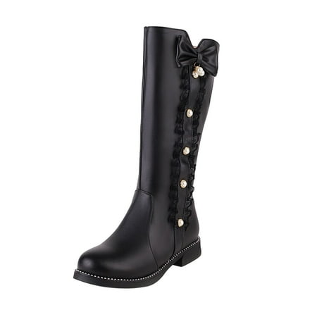 

ZHAGHMIN Burgundy Fuzzy Boots For Women Ladies Cute Fashion Bow Solid Color Flat Round Toe Square Heel Middle Long Student Style Boots Wide Calf Knee High Boots For Women Leather Womens Wide Calf Bo